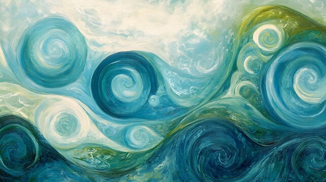 Calming Rhythms expressed with swirling patterns in soft blues and greens, promoting a calming and peaceful environment