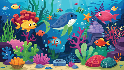 Fototapeta premium Colorful Underwater Sea Life Scene with Exotic Fish, Coral, and Algae – Cartoon Ocean World Vector Design.