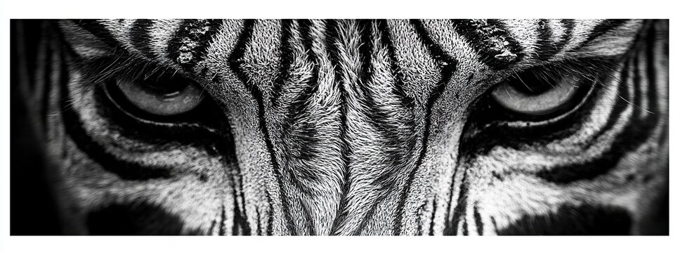 Close-up black and white photo of a tiger's eyes, with the stripes and fur visible.
