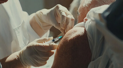 Senior citizen receiving vaccine shot in clinic, symbolizing hope and resilience in overcoming health challenges, community support for public health initiatives.