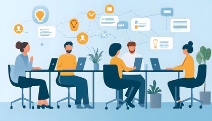 A Team of People Collaborating on a Project Around a Table with Laptops, Ideas, and Connections