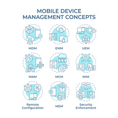 Mobile device management soft blue concept icons. Data control, security. Privacy protection, corporate. Icon pack. Vector images. Round shape illustrations for infographic. Abstract idea