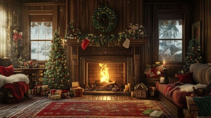 A classic winter home scene with a vintage fireplace, a crackling fire