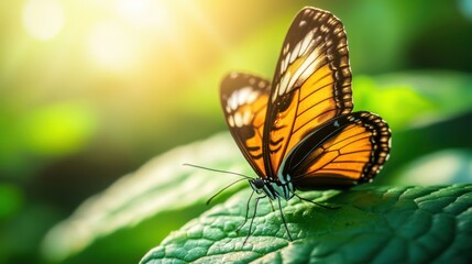 Obraz premium A close-up of a butterfly resting on a bright green leaf,