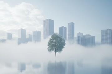 Fototapeta premium Misty City Skyline with a Lone Tree