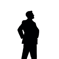 A businessman silhouette with hands on his hips, looking out as if surveying a business deal
