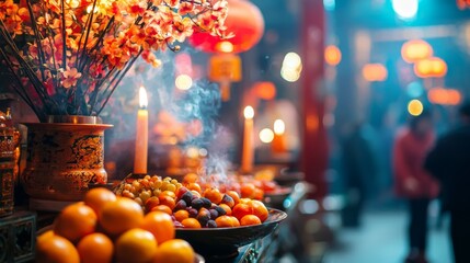 Naklejka premium New Year shrine offerings symbolize respect and gratitude