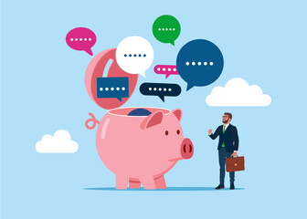 Discussion, conversation, meeting, team communication. Open piggy bank to see speech bubbles. Modern vector illustration in flat style