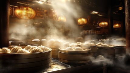Steamed Buns and Dumplings in a Bustling Tea House