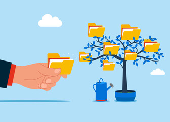 Arrange online data, paperwork concept, file management. Hand businessman picking folder from tree. Vector illustration