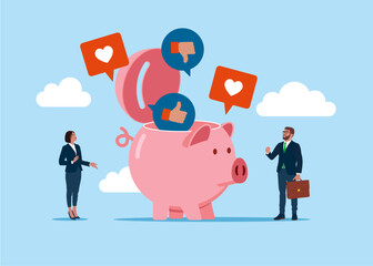 Social media communication. Open piggy bank to see Social media positive and negative feedback vision. Flat vector illustration.