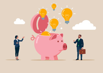 Open piggy bank idea using. Think big, aspiration to win and success in business, big idea from creativity and imagination to overcome fear. Modern vector illustration in flat style