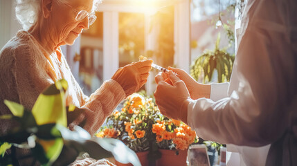 Senior citizen receiving vaccine shot in clinic, symbolizing hope and resilience in overcoming health challenges, community support for public health initiatives.