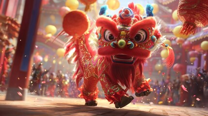 Fototapeta premium Vibrant Dragon Dance Performance at New Year Celebration with Crowd