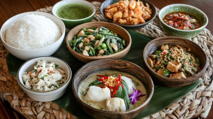 Traditional Curry Dishes with Coconut Milk on Mat
