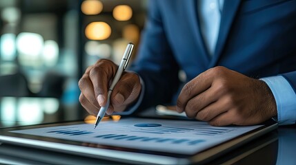 Close-up of a hand using a stylus to analyze data on a tablet screen