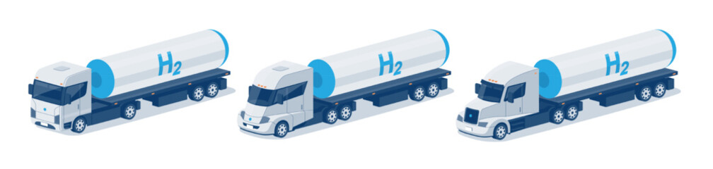 Hydrogen transportation semi trucks with storage fuel tanks on trailer. Transport of blue, green, grey H2 from production process facility factory. Flat isolated vector illustrations on white.
