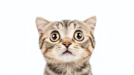 Fototapeta premium Adorable kitten with wide, surprised eyes, isolated on a clean white background. Great for pet, animal, or cute-themed projects.