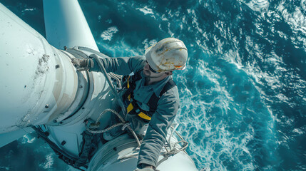 Engineer man maintains a windmill turbine on the open sea. Green energy and technology concept. AI-generated.