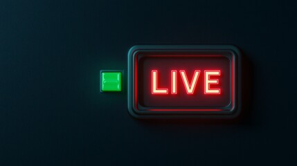 Red 'LIVE' sign with a green indicator on a dark background, representing live streaming and broadcasting.