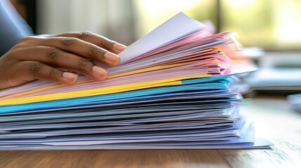 Hand Reaching for a Stack of Papers on a Wooden Table