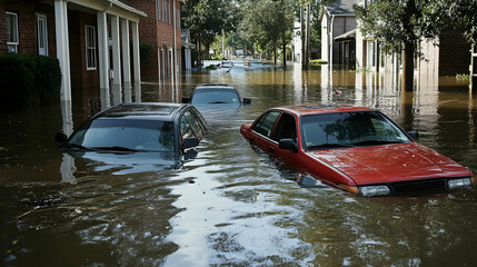 Flooded street in a Florida residential area with partially submerged cars, following hurricane landfall   -