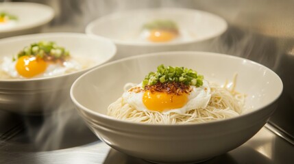 Warm Noodle Bowls with Poached Egg and Scallions