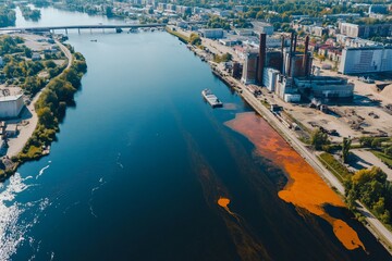 Fototapeta premium Industrial Area with Polluted Water Pouring into River