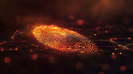 2. An illuminated fingerprint displayed on a digital network background, signifying the importance of biometric security and the protection of data.