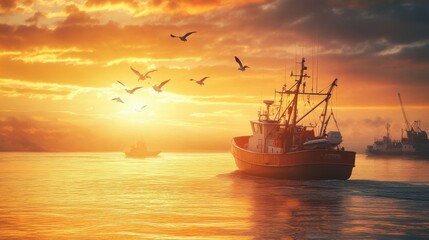 Fototapeta premium A fishing boat returning to the harbor at sunset, with seagulls flying overhead