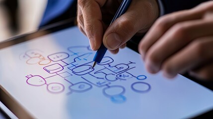 Person Drawing a Flowchart on a Tablet with a Blue Pen