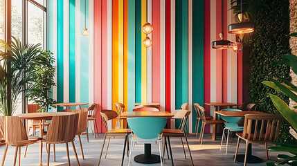 Obraz premium Modern and colorful cafe interior with minimalist wooden furniture and striped walls