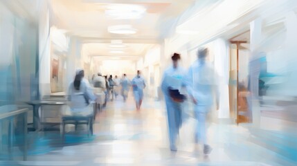A blurred view of a modern clinic corridor with medical professionals in white coats walking through the hallway,