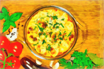 Watercolor. Vegetarian Moussaka. Traditional Greek dishes. Casserole with eggplants. Ingredients: aubergine, potatoes, tomatoes, garlic, egg, yogurt, nutmeg, oregano. Digital painting - illustration.
