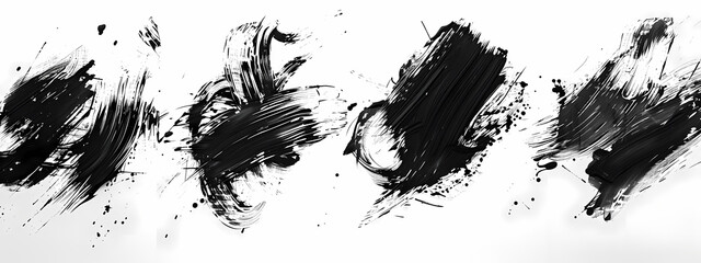 Fototapeta premium Dynamic black paint strokes create an abstract composition, showcasing bold textures and fluid movements in a striking contrast against a white background.