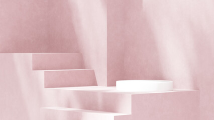 Background featuring an empty product display mockup with a pink backdrop and abstract geometric platforms designed for showcasing merchandise in landscape orientation.