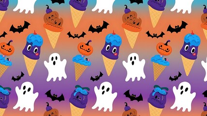 Naklejka premium Cartoon ice cream seamless Halloween monsters pattern for wrapping paper and fabrics and linens and kids clothes print and autumn packaging and festive accessories. High quality illustration