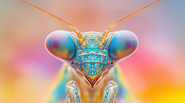 Macro shot of a praying mantis with its body adorned in subtle fractal patterns, the patterns radiating in soft rainbow tones, creating a sense of elegance and surreal beauty.