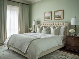Mint walls with metallic accents and soft, neutral furnishings create a modern, serene atmosphere in this bedroom