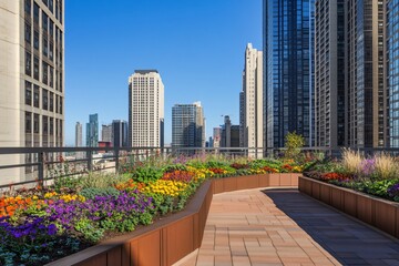 Fototapeta premium Urban Rooftop Gardens with Colorful Flowers and City View