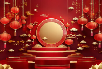 A red background with a round golden frame in the center. The background is decorated with red lanterns, golden clouds, and a platform.