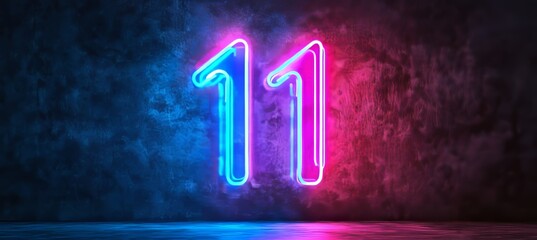 Number 11 Neon Sign Against a Grunge Wall, Glowing with Blue and Pink Fluorescent Lights