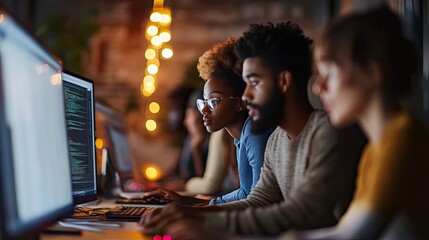 Two People Working on Computers with Code on Screen