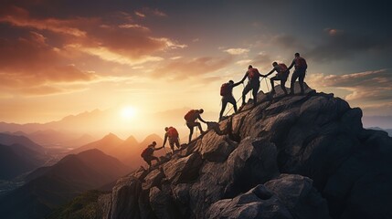 Group of hikers at sunset mountain. Young people on mountain hike at sunrise. They holding hands and helping each other. The concept of support and business. Ai-generated.