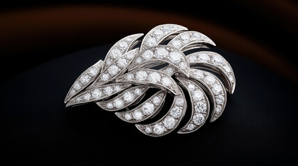Intricate silver brooch adorned with numerous sparkling diamonds arranged in an elegant leaf-like pattern on a dark background.