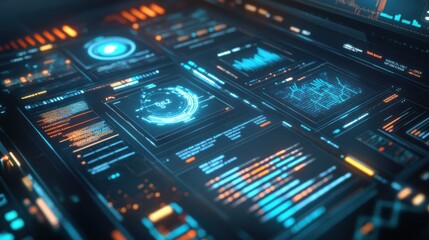 A high-tech touchscreen with an IT dashboard, highlighting system performance metrics