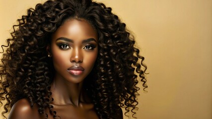 A beautiful young woman with long curly hair and dark skin looks directly at the camera against a golden background.