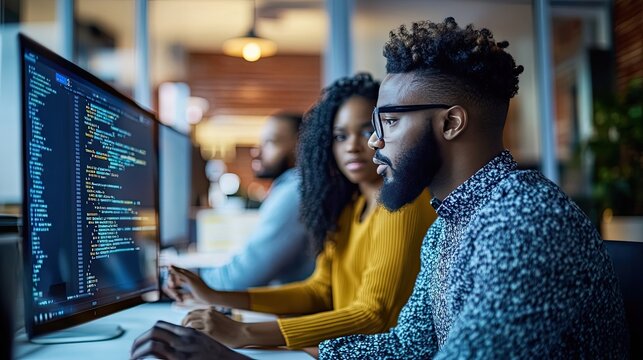A focused young man with glasses programming on a computer in a modern office