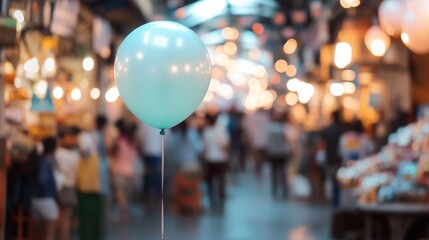 A promotional balloon mockup stands out in a busy marketplace filled with shoppers and vendors