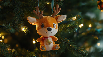 Plush reindeer ornament with antlers and a bell, hanging on a Christmas tree, creating a festive holiday atmosphere.